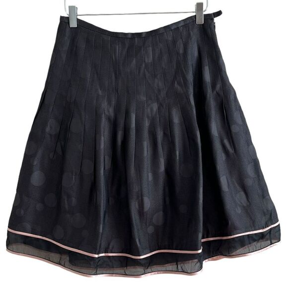 Kay Unger 100% Silk Pleated A line Skirt Polka Dot Chiffon Black Pink Trim 4 - Picture 1 of 12